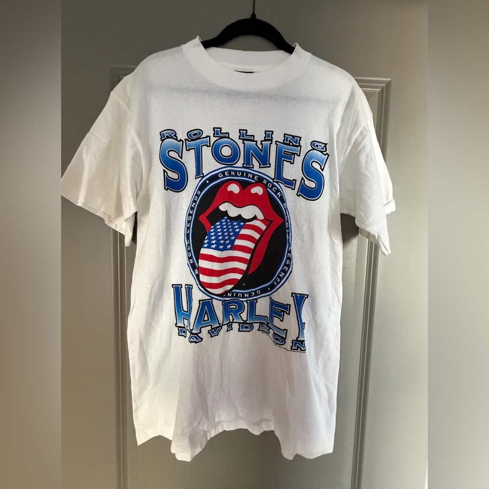 The Rolling Stones Harley-Davidson White Crewneck Tee with Branded Collar Tag